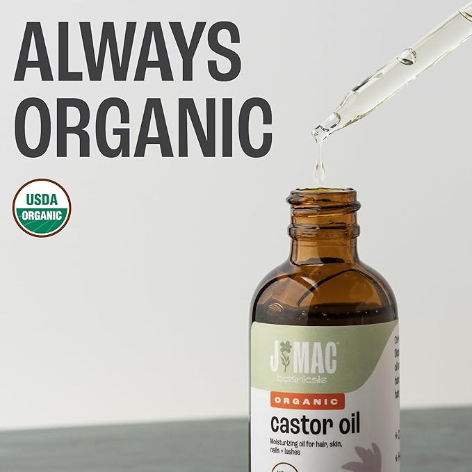 J MAC BOTANICALS Organic Castor Oil, 100% Pure (4oz Glass Bottle with Dropper) - for Eyelashes, Eyebrows, Hair & Skin