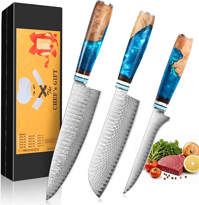 Kuwata Chef Knife Set Damascus, Professional Japanese VG-10 High Carbon Stainless Steel Kitchen Knife Set Chefs Knife, Boning Knives, Santoku Knife, Knife Set for Kitchen with Gift Box