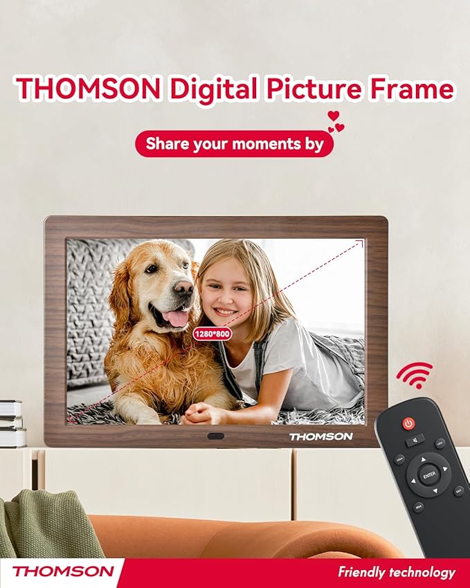 THOMSON 8" Digital Picture Frame, 1280 * 800 IPS Full View Ultra Clear Screen with Remote Control, Wooden Frame, Share Videos Photos Send Wishes Auto-Rotate Slideshow Non-WiFi (8 Inch Non-WiFi)