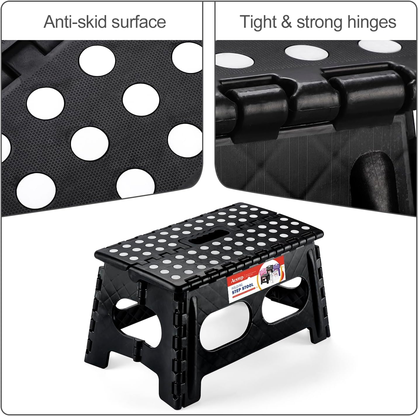 ACSTEP Foldable Step Stool for Kids and Adults,15-Inch Extra Wide 9-Inch Height Step Stool(2 Pack) More Safe and Comfortable Holds Up to 300 lbs Folding Step Stool for Bathroom, Garden, Kitchen（Black）