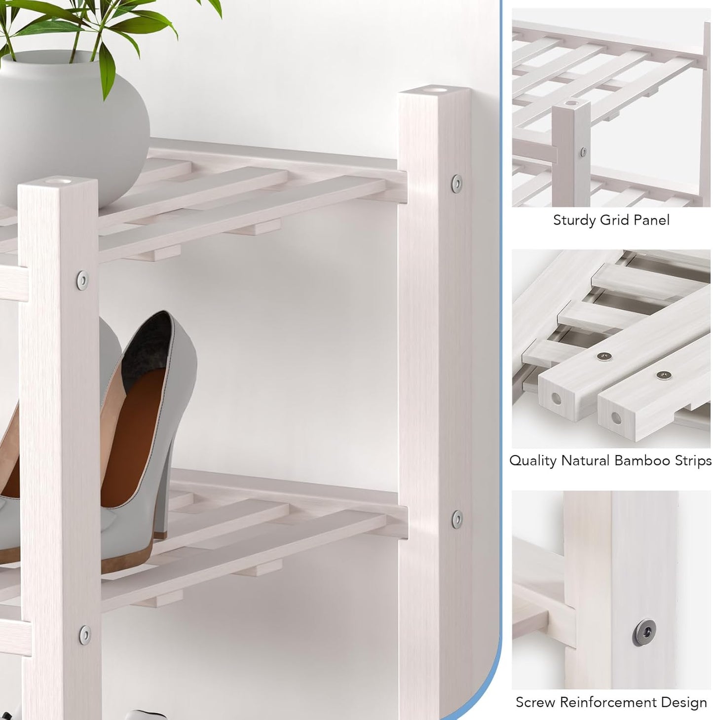 Haddockway small 6 Tier Bamboo Shoe Rack Storage Organizer, Multifunctional Free Standing Stackable Shoe Shelf with Grid Panel for Closet,Hallway,Entryway,Small Space 18"x11"x34"(White, 6-Tier(Small))