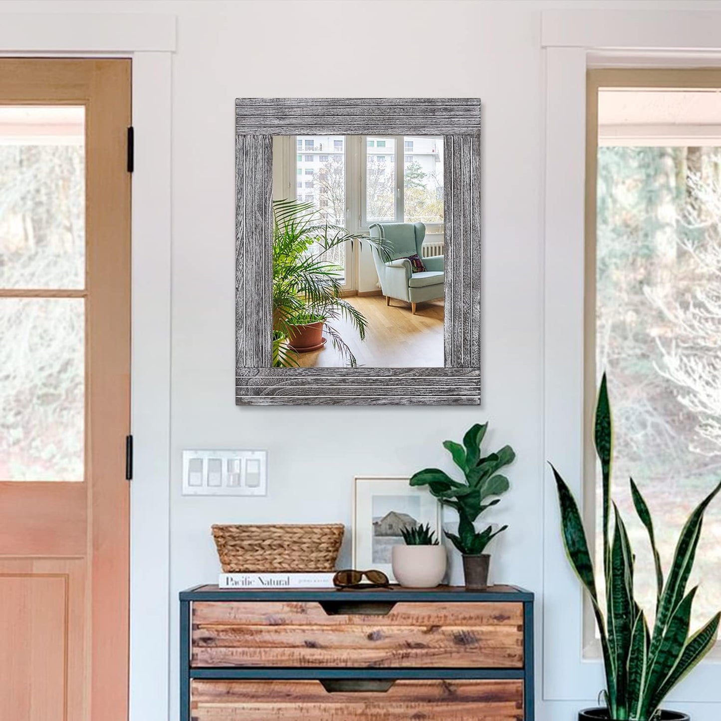 Rustic Wall Mirror Farmhouse, with Frame Wood Wall Mirror Rectangle Antique Decor Hanging Mirror for Bathroom Living Room Bedroom Entryway Large 20"x16"