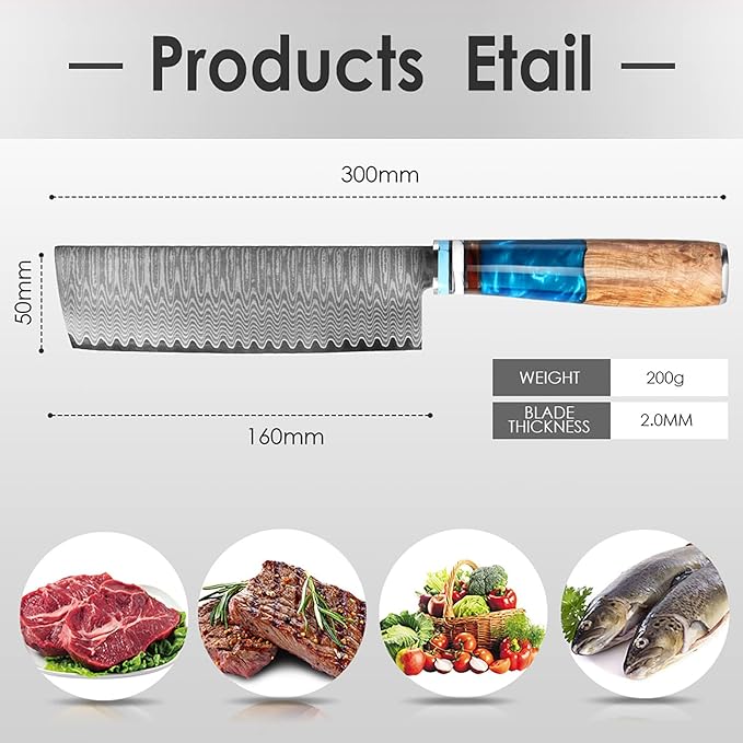 Kuwata Nakiri Chef Knife, Japanese VG10 Damascus Steel Professional Kitchen Chefs Cooking Knife, Nakiri Knife G10 Ergonomic Blue Handle with Gift Box