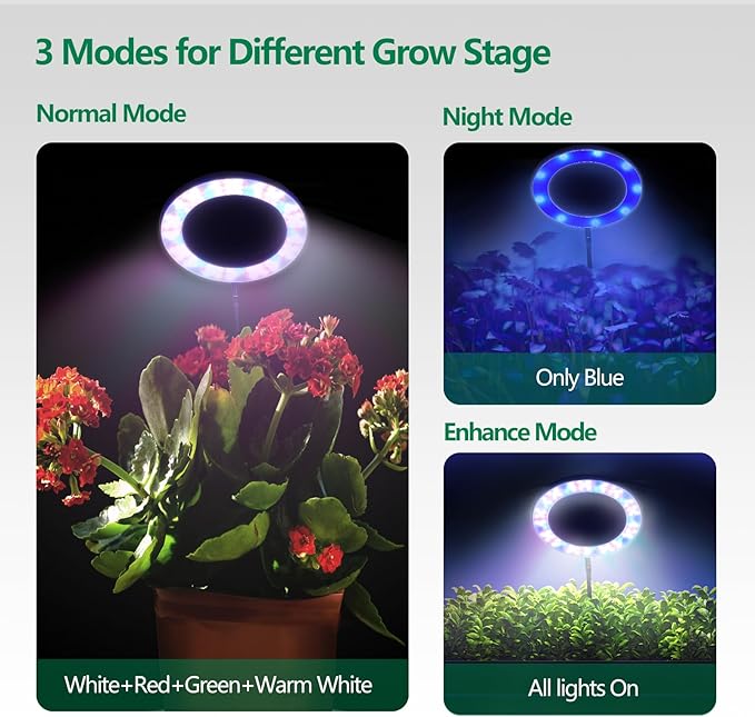WaterRebirth 6.3 inch LED Grow Light for Indoor Plants, Full Spectrum Halo Plant Light with 3/9/12H Auto Timer, 10-Level Dimmable, Height Adjustable for Tall Plants