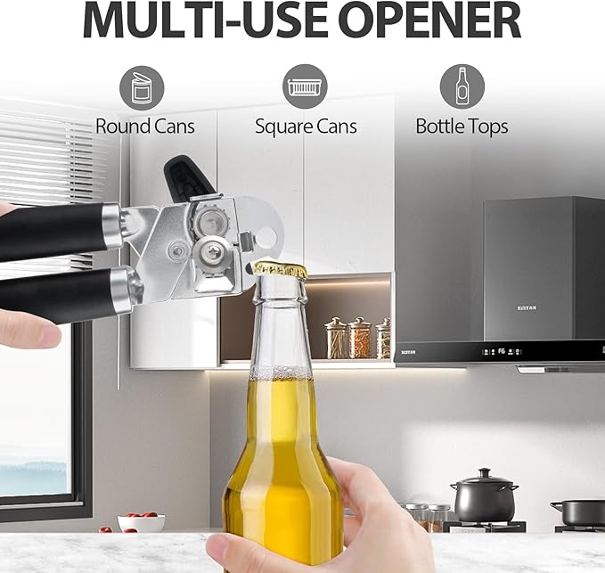 Can Opener Manual, Heavy Duty Handheld Strong Can Opener with Soft Touch Handle, Sharp Blade Smooth Edge, Can Openers with Multifunctional Bottle Opener, Black