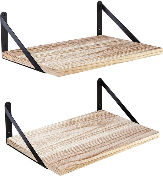 SAUMONIERES Floating Shelves Wall Bookshelf for Bedroom Bathroom Living Room Wood Wall Mounted Wide Deep Storage, Rustic Torched Wall Shelves Set of 2