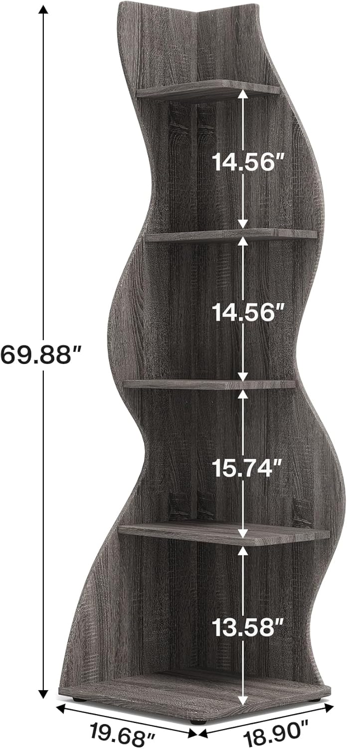 Tribesigns Corner Shelf, Modern 5-Tier Wall Corner Bookshelf, Stylish Corner Small Bookcase Storage Rack Plant Stand with Unique Shape for Living Room, Home Office, (1PC, Gray)