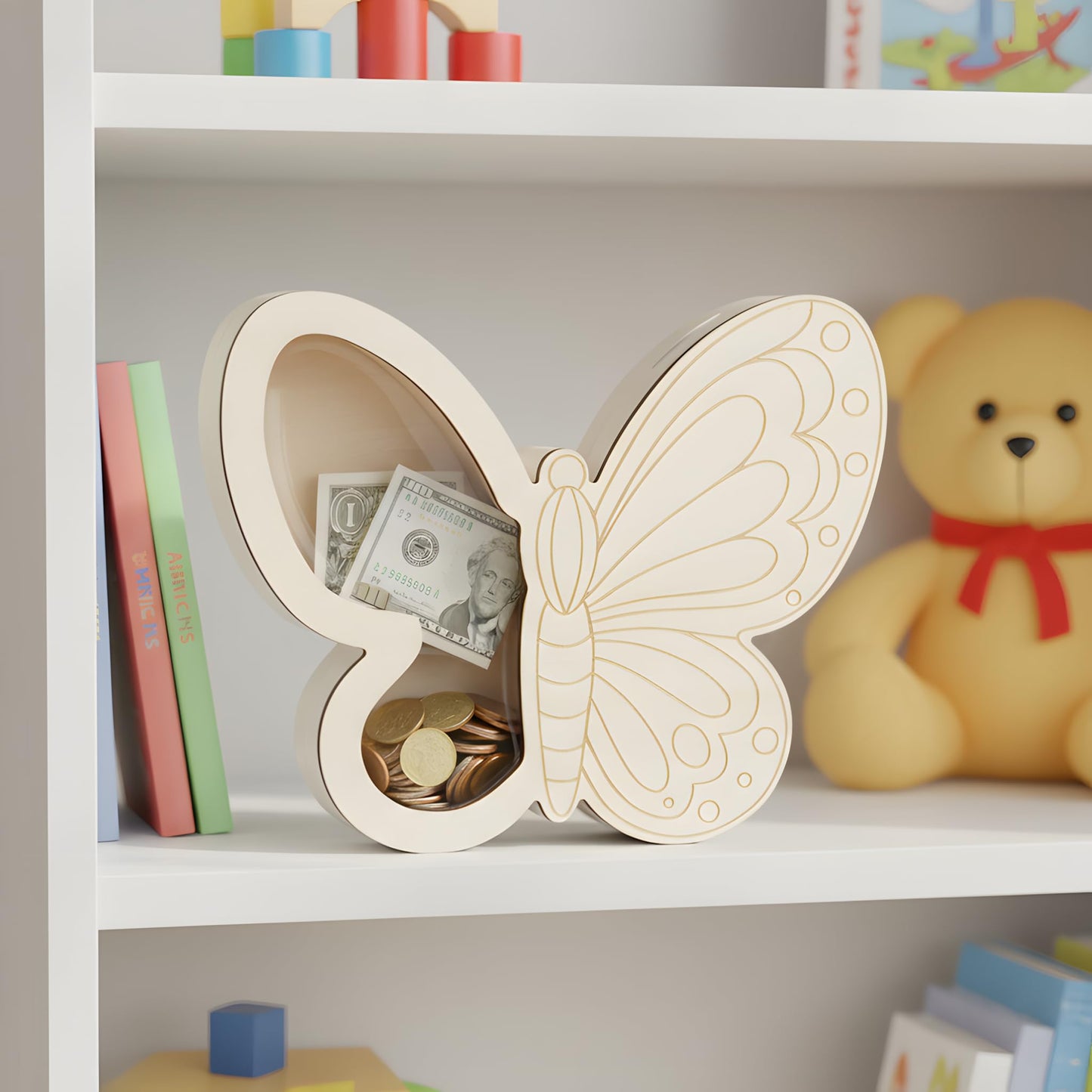 Butterfly Piggy Bank for Kids, Paint Your Own DIY Butterfly Bank with Clear Window, Wooden Savings Box for Coins and Bills, Room Decor Gift