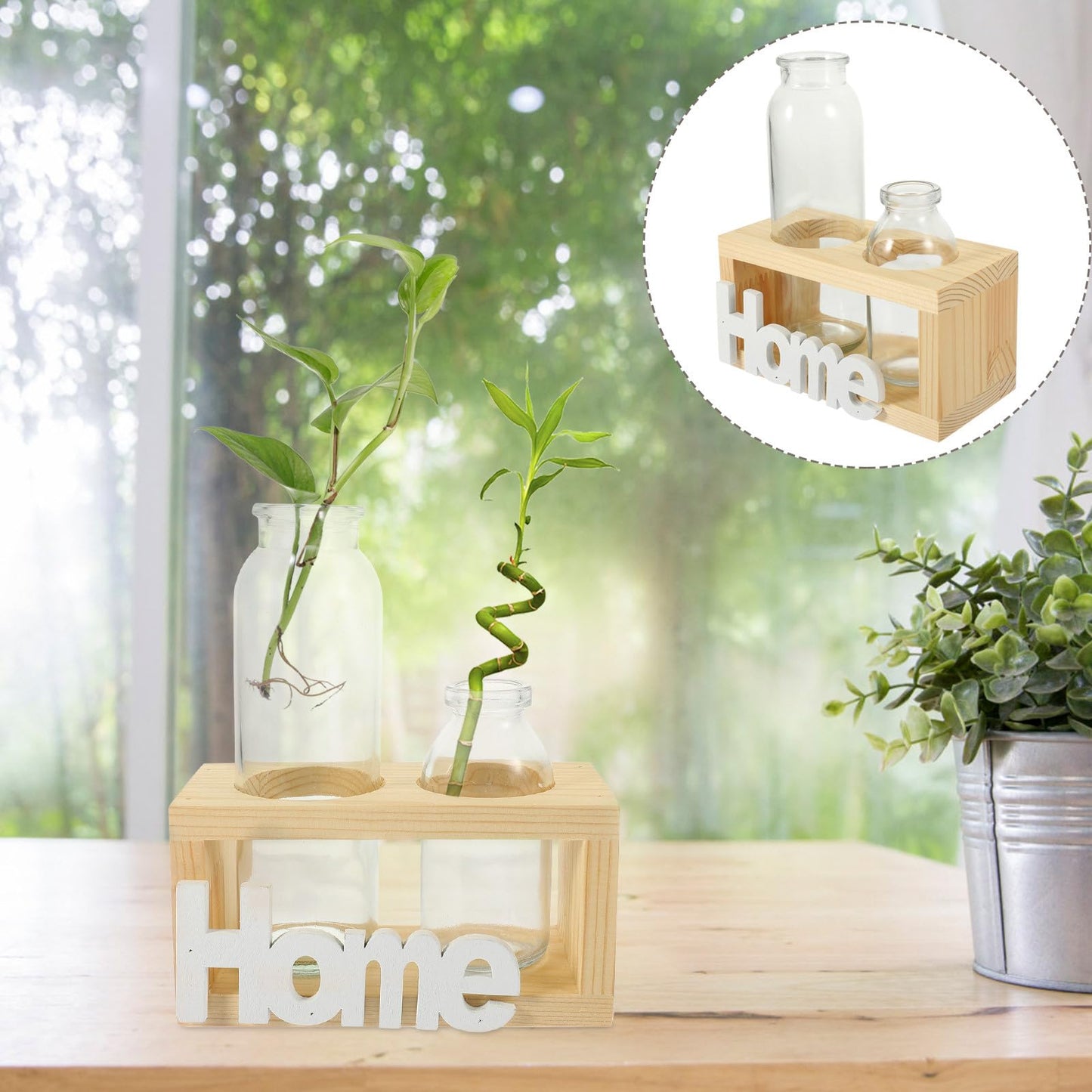 VALICLUD Nordic Style Glass Flower Vase Set with Wooden Stand, Hydroponic Desktop Plant Holder for Indoor Air Plants and Houseplants, Home Décor Terrarium Vase for Table and Office
