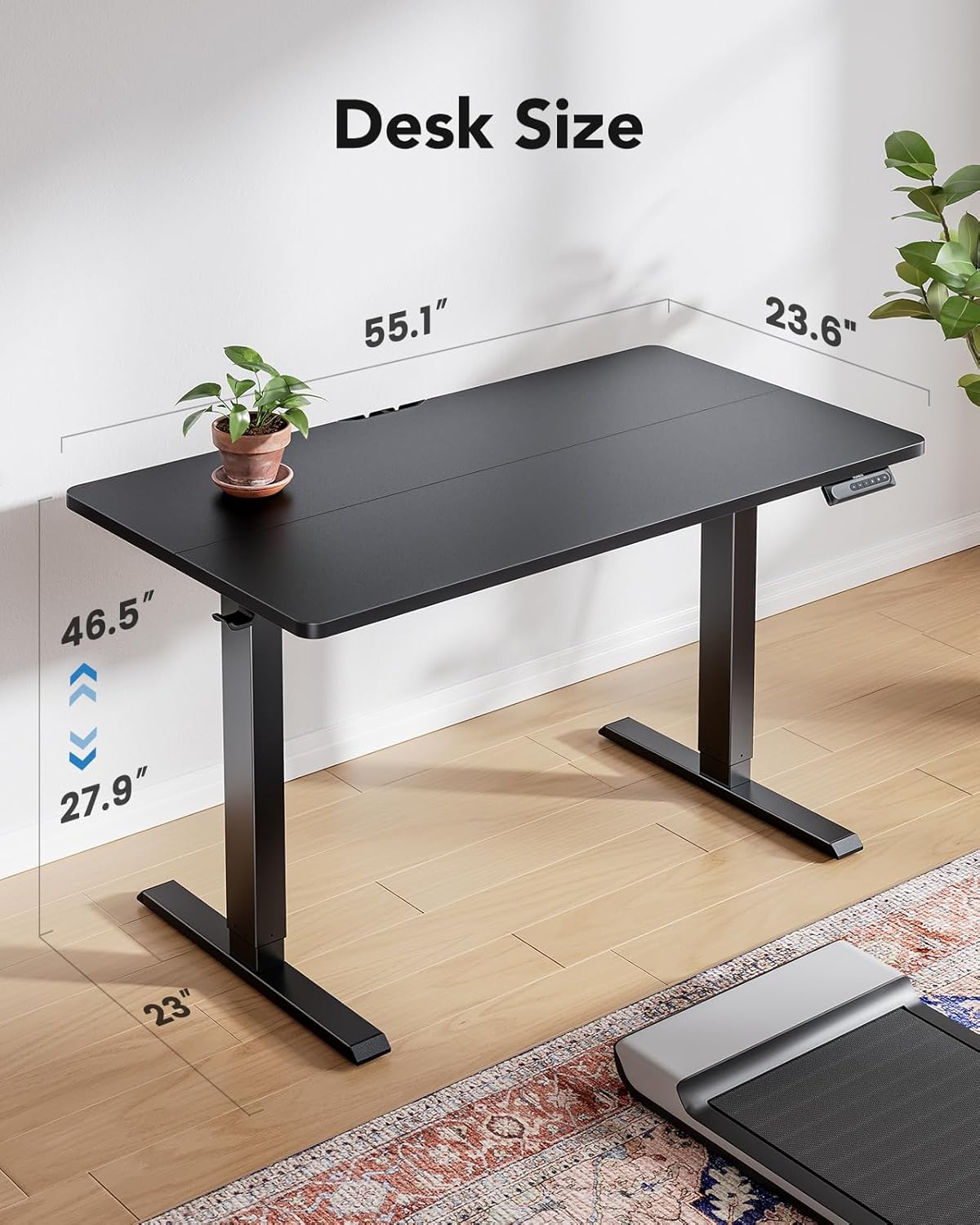HUANUO 55" x 24" Electric Standing Desk Adjustable Height, 4 Memory Height Settings, Headphone Hook, Cable Manager, Sit Stand Up Desk for Home Office & Computer Workstation, Black