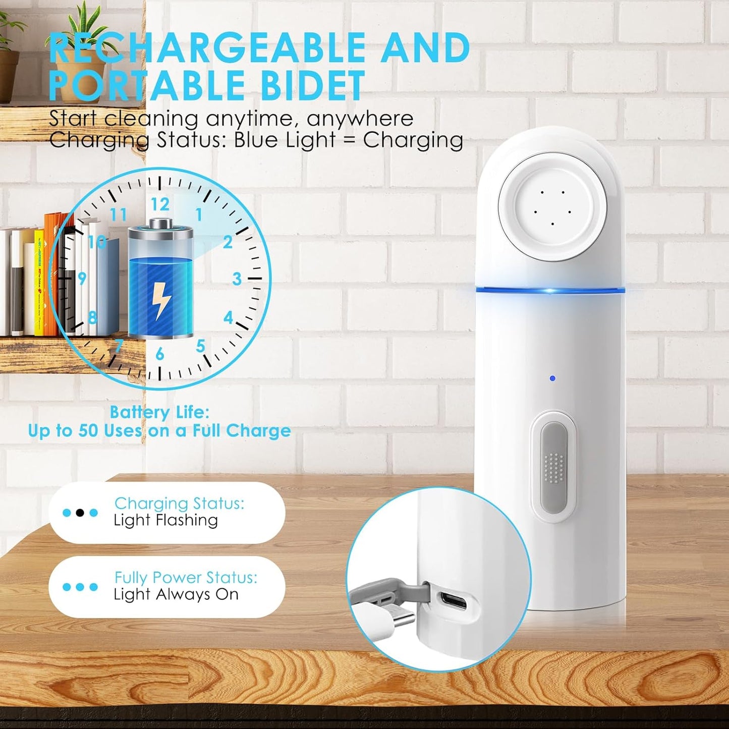 Portable Electric Travel Bidet, 450ML Electric Sprayer Bidet with Built-in Body for Easy Storage, Two Pressure Modes for Personal Hygiene Cleaning for Women and Men, White