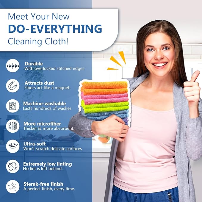 FGSAEOR Microfiber Cleaning Cloth, All Purpose Cleaning Rag - Ultra Absorbent Microfiber Towel with 5 Color Assorted, Premium Cleaning Towels, Dust, Polish, Lint Free & Scratch (10-Pack,12"X12")