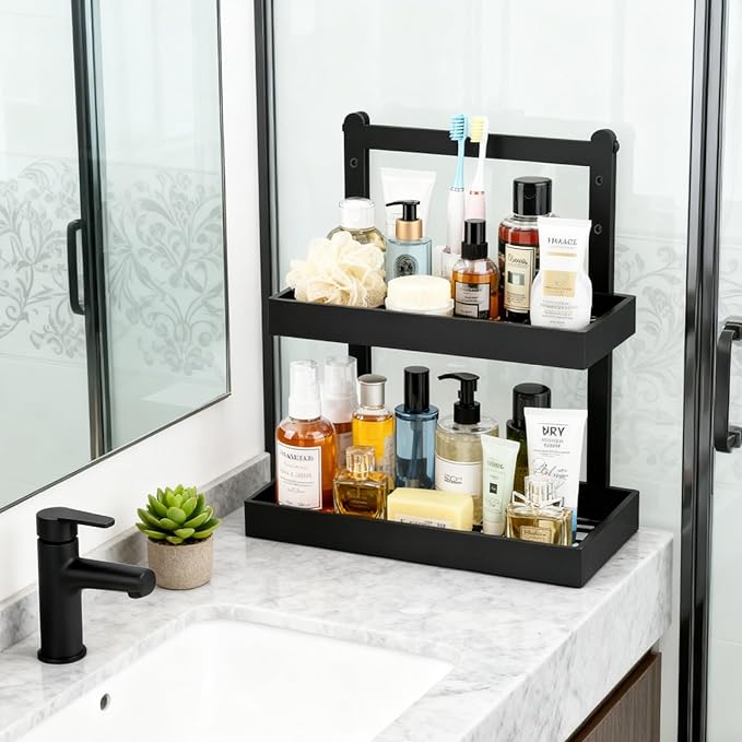 Bamboo Under Sink Organizer - 2 Tier Pull Out Cabinet Shelves with Adjustable Height, Undersink Storage Slide Out for Kitchen Bathroom Cabinet Pantry Black