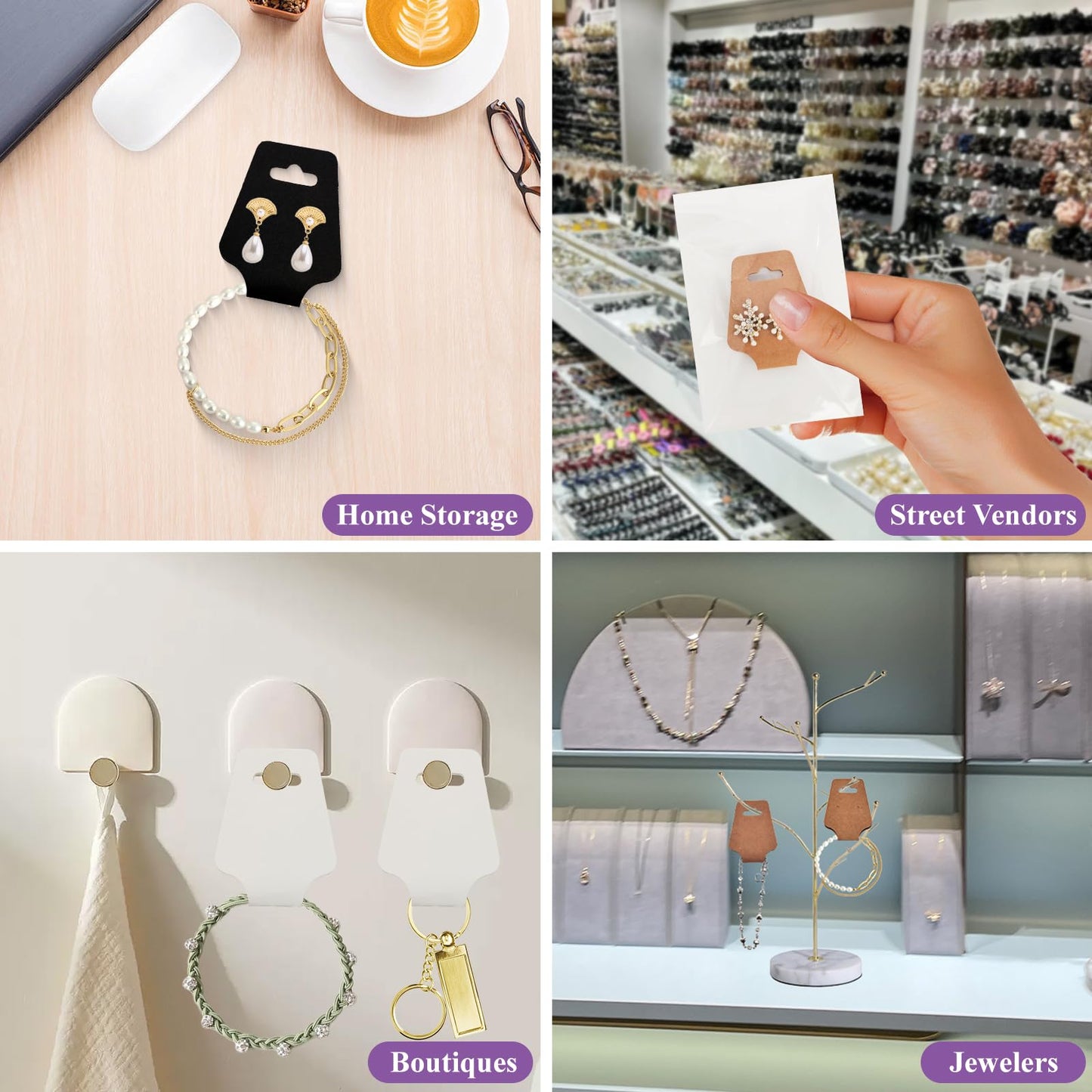 200pcs Jewelry Display Cards with Adhesive,1.7*4.7inch Necklace Display Kraft Cards with 200pcs Packaging Bags Jewelry Holder Cards Hanging for Earring Hair Band Keychain Scrunchies (Black)