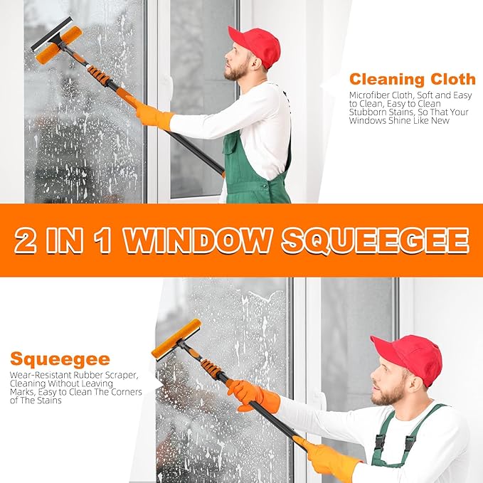 30FT Reach High Ceiling Duster Kit, Window Cleaning kit with 5-24FT Extension Pole, Fan Duster for Ceiling Fan Blades, Microfiber Feather Duster, Rotatable Window Squeegee and Cobweb Duster