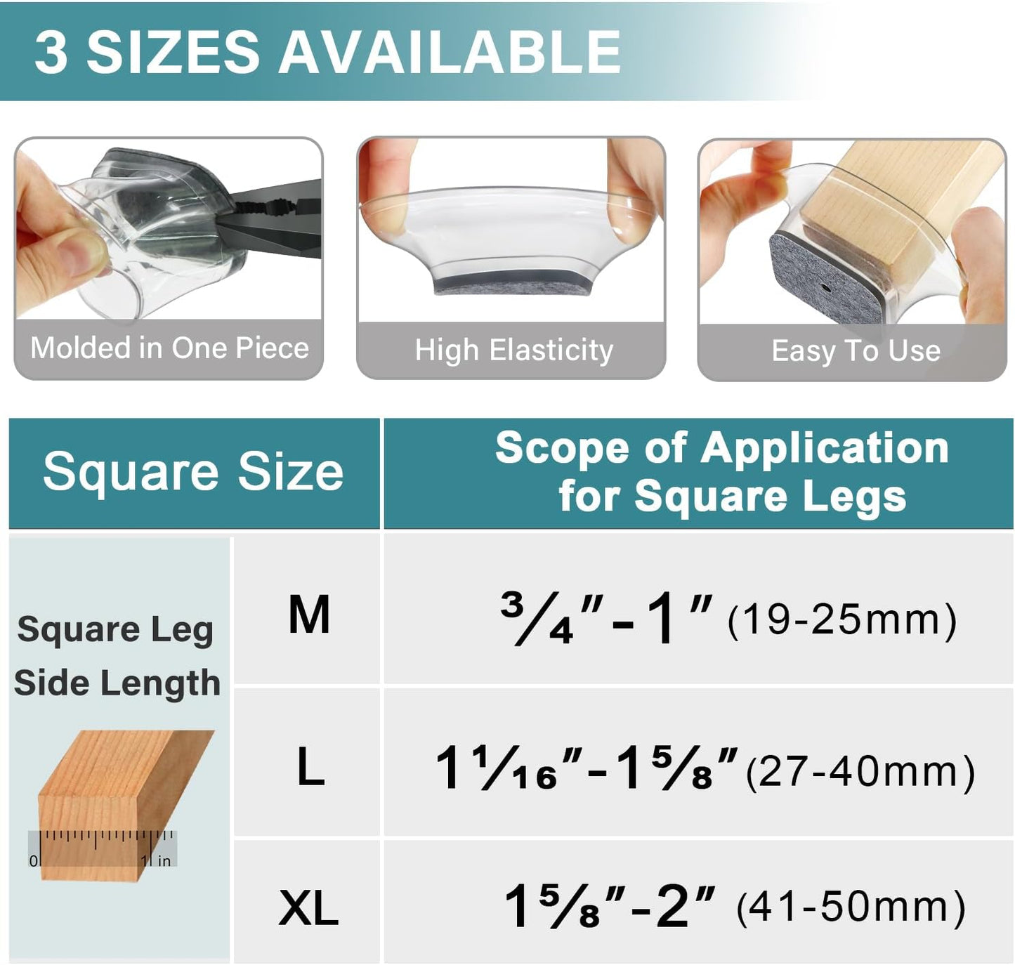 Ansible 24 Pcs Chair Leg Floor Protectors Square, Silicone Felt Furniture Leg Pads Caps Covers for Hardwood Floors (Fit:1-1/16" to 1-5/8")