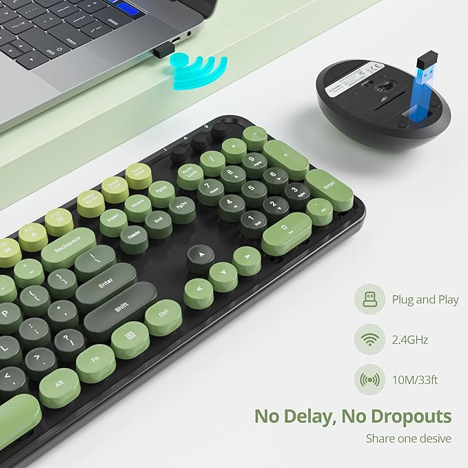 Owpkeenthy Keyboard and Mouse Wireless, Cute Retro Full-Size Cordless Keyboard with Number Pad 2.4 GHz Wireless USB Receiver for Computer (Dark Green)