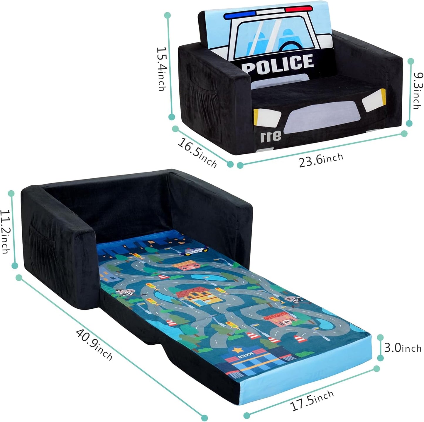 MallBest Kids Sofas Toddler Couch Bed Baby's Upholstered Chair Sleepover Couch Flipout Open Recliner(Black/Police Car)