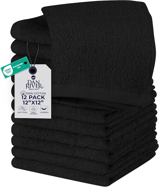 DAN RIVER 12 Pack Wash Cloths for Showering [12x12] - 100% Cotton Washcloths Premium Quality Flannel Face Cloths for Bathroom, Highly Absorbent and Soft Feel Wash Clothes, Black
