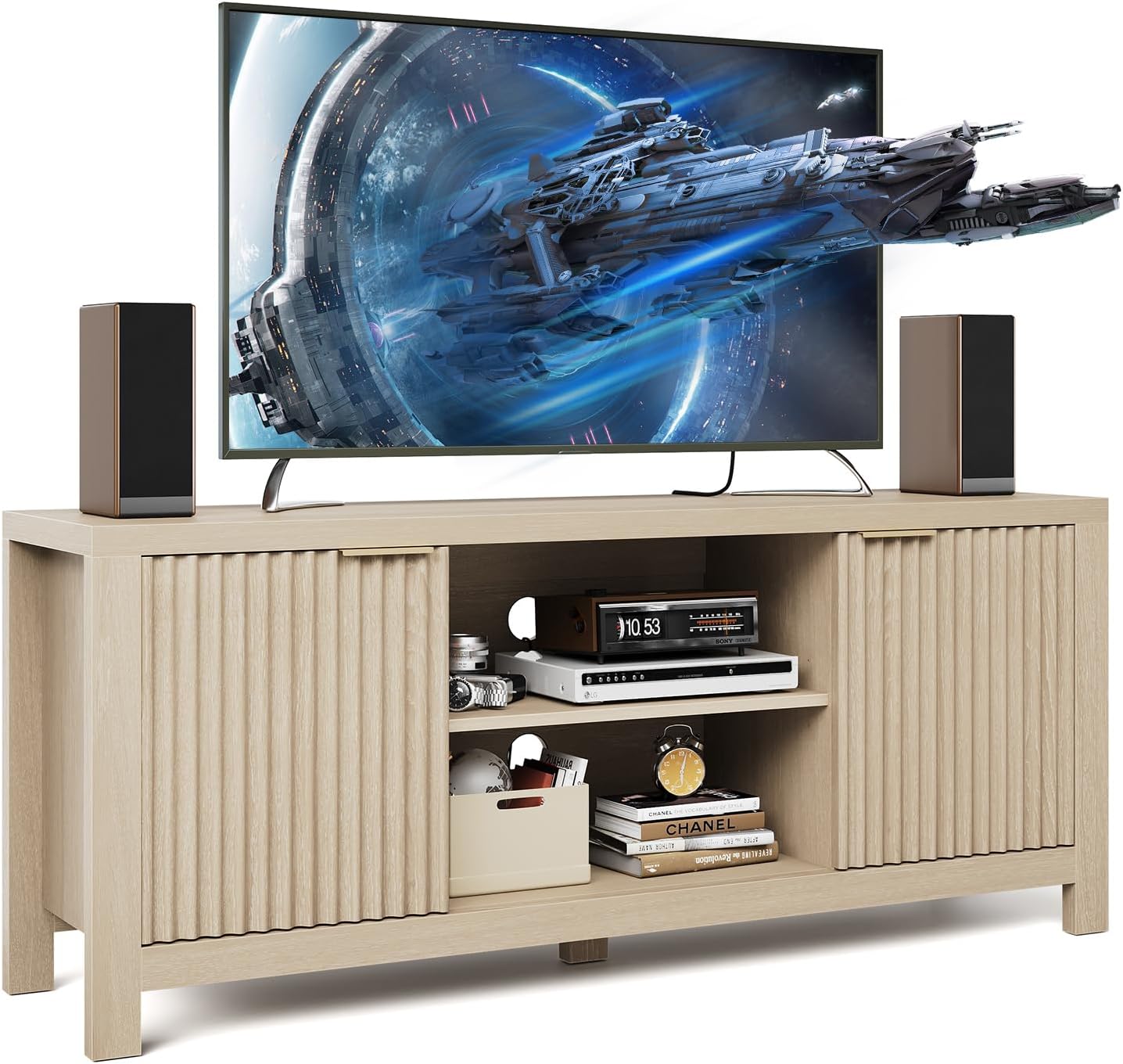 GarveeHome 59" TV Stand for TVs Up to 65 Inches, Mid Century Modern TV Entertainment Center with Storage Cabinets & Open Shelves, Wood TV Cabinet for Living Room, Oak