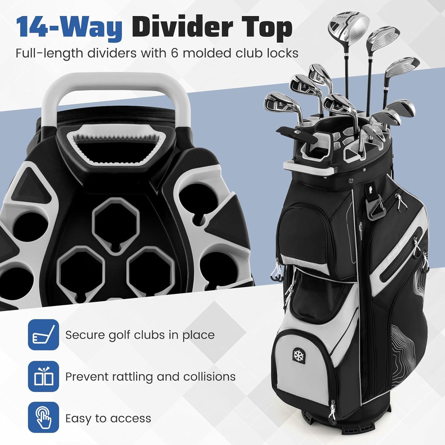 Tangkula Golf Cart Bag with 14-Way Full Length Dividers, 6 Molded Lock Top Golf Club Bag with 11 Pockets, Cooler Bag, Padded Strap, Handles, Umbrella Holder & Rain Hood
