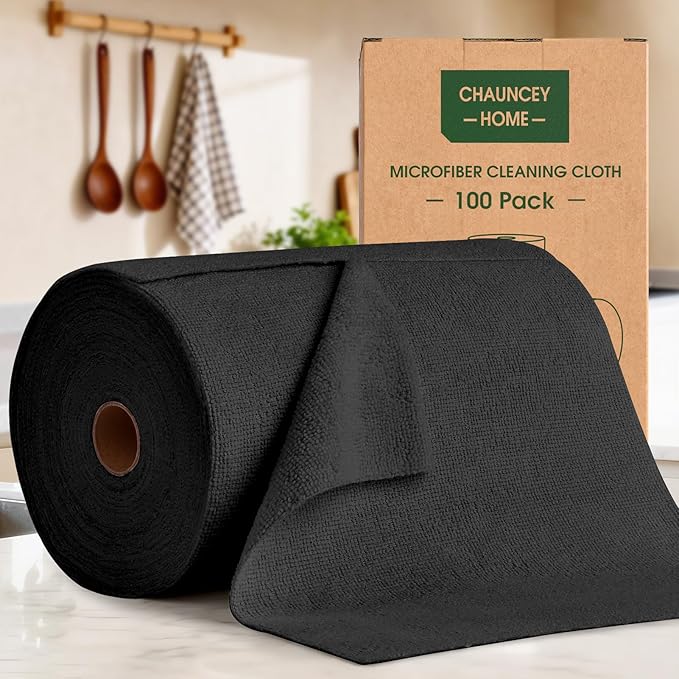 Microfiber Cleaning Cloth Roll–100 Pack, Tear Away Microfiber Towels, Reusable, Washable, Scratch-Free, Kitchen Towels for Car, Home, Kitchen, Glass, Dishes (Black)