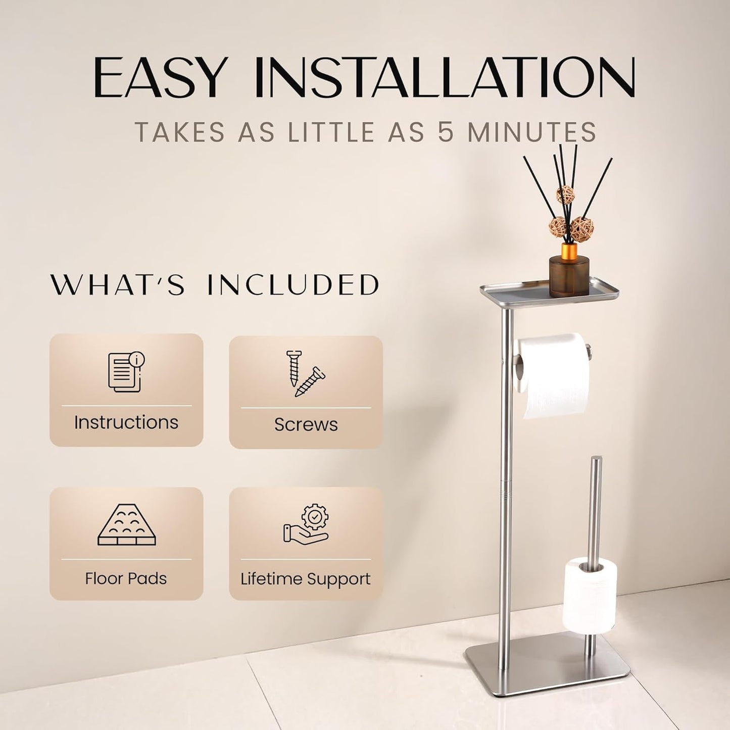 Day Moon™ Brushed Nickel Toilet Paper Holder Free Standing Toilet Paper Holder with Storage - Toilet Paper Stand and Tissue Holder for Bathroom - Toilet Paper Holder with Shelf and Wipe Holder