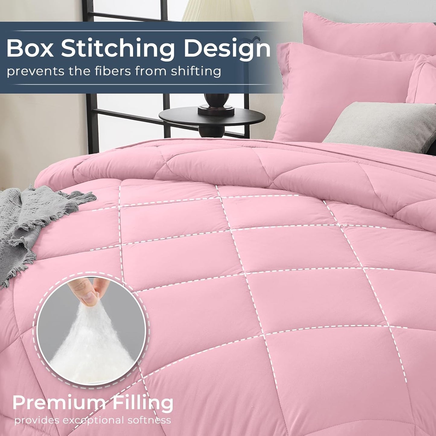 HEVUMYI Pink Full Comforter Set - 7-Piece All Season Bed in a Bag Full, Ultra Soft Bedding Set with Comforter, Flat Sheet, Fitted Sheet, Pillowcases, Pillow Shams, Pink