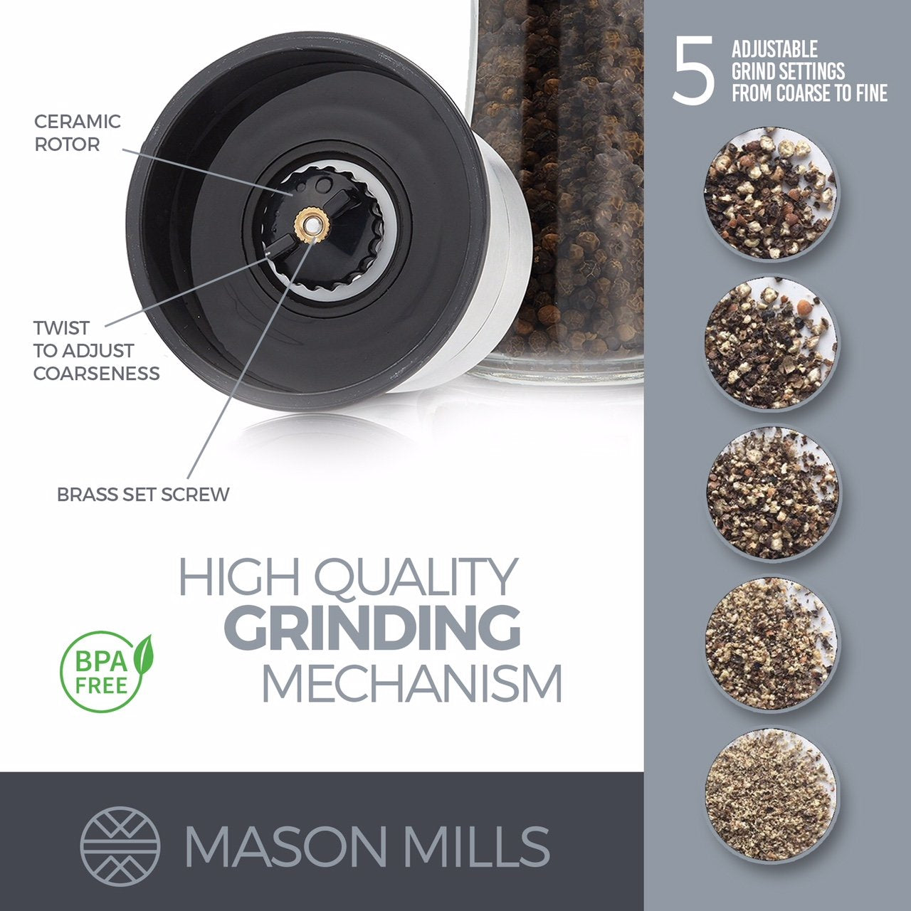Prefilled Stainless Steel Salt and Pepper Grinder - Includes Pink Himalayan Salt - Glass and Stainless Steel Mill - Large Capacity Shaker - Top Loading Design by Mason Mills