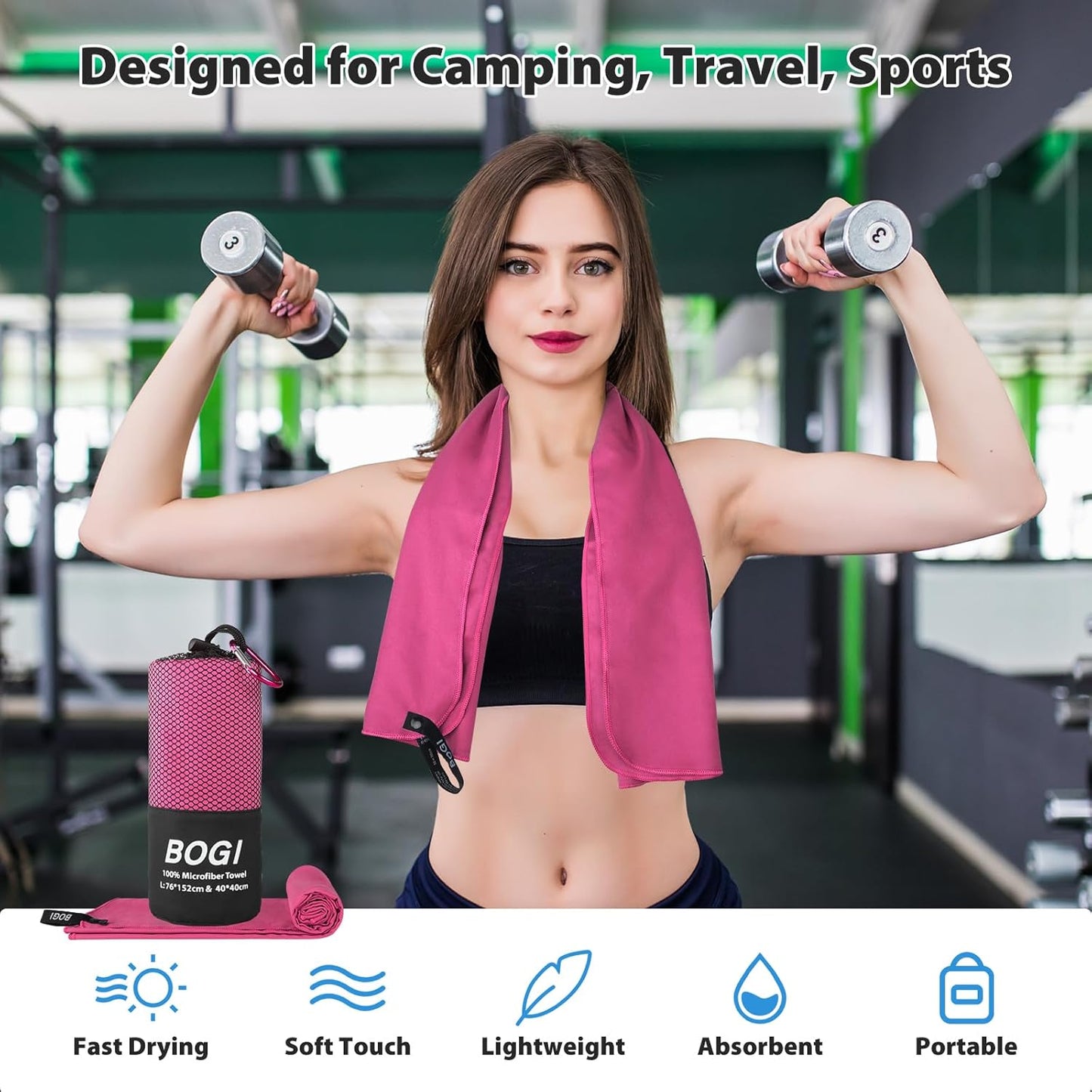 BOGI Microfiber Travel Sports Towel-Quick Dry Towel, Soft Lightweight Microfiber Camping Towel Absorbent Compact Travel Towel for Camping Gym Beach Yoga Swimming Backpacking (S:16''x32'',2Pcs-Hpink)