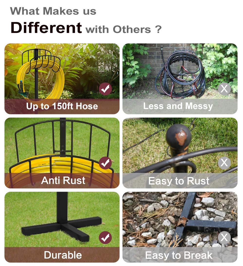 Artigarden Freestanding Garden Hose Holder Hanger, Outdoor Heavy Duty Metal Water Hose Storage Holders Stand Organizer Rack Detachable Stake, Holds 150 Ft of Hoses for Outside Lawn Yard, Black