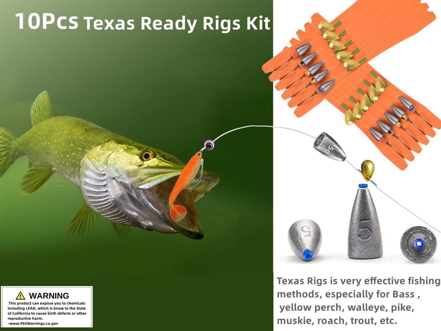 DAMIDEL 10Pcs Fishing Bullet Weights Texas Rigs Ready Kit,Worms, Sinker (10g/7g/5g), Worm Hooks, Carbon line,Spinner Blades，Eye Beads Bait, Fishing Bass Rig Saltwater Freshwater(10g)