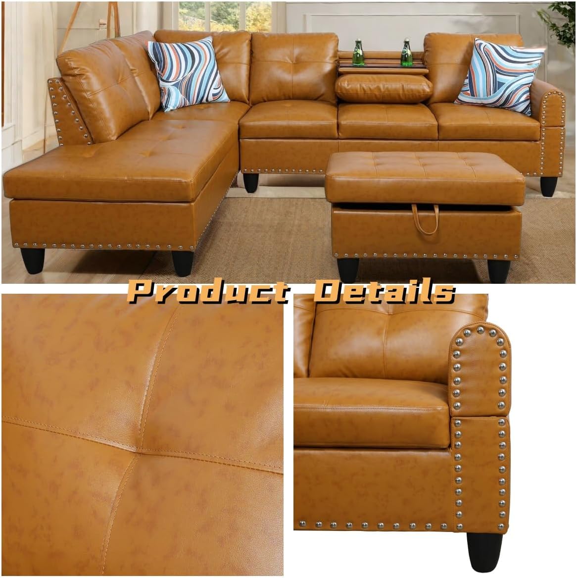 L Shaped Sectional Couch with Otttoman, 97" Leather Sectional Sofa for Living Room Modular Couches with Cup Holders for Bedroom, Apartments, Ginger