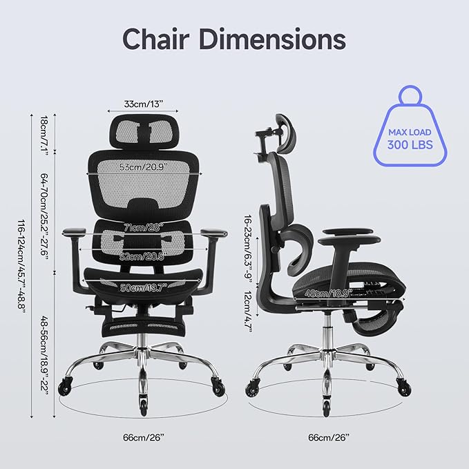 Office Chair with Footrest, Ergonomic Chair with Neck Pillow & Rubber Wheels, Computer Chair with Adjustable Backrest & 3D Armrests Headrest, Gaming Chair Adaptive Lumbar Support, Black