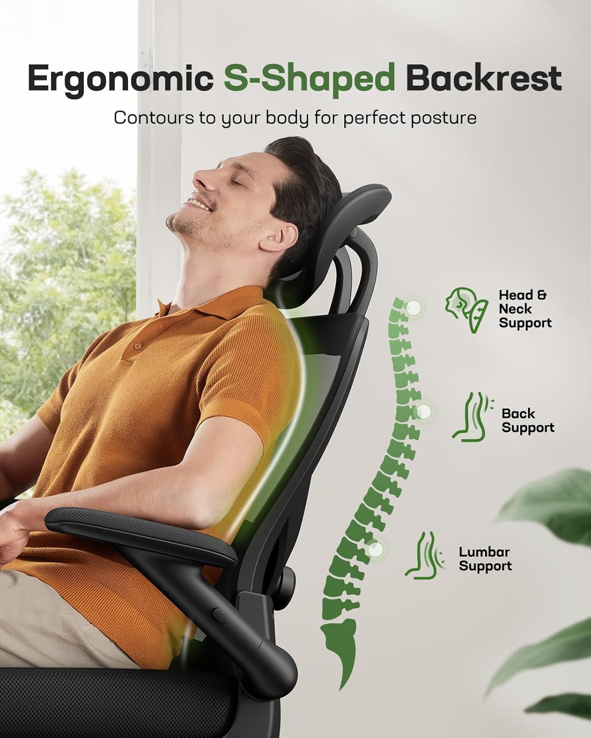 Marsail Ergonomic Mesh Office Chair High Back Desk Chair Adjustable Lumbar Support with Headrest Flip-Up Liftable Arms Swivel Computer Task Chair for Big and Tall People