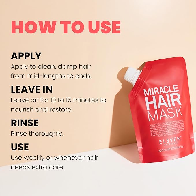 ELEVEN AUSTRALIA Miracle Hair Mask for Dry Damaged Hair - Deep Conditioning Treatment for Men & Women, Restores Moisture & Helps Damage, Hydrating & Moisturizing, Nourishing Formula - 6.8 fl oz