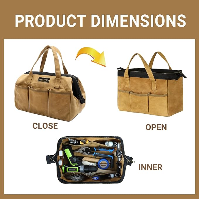 Tool Tote, 13-inch Heavy Duty Waxed Canvas Wide Mouth Tool Bag, Open Top tool Pouch with Handle for Tools, Wrenches, Screwdrivers (13 X 7 X 9 inch) | Khaki