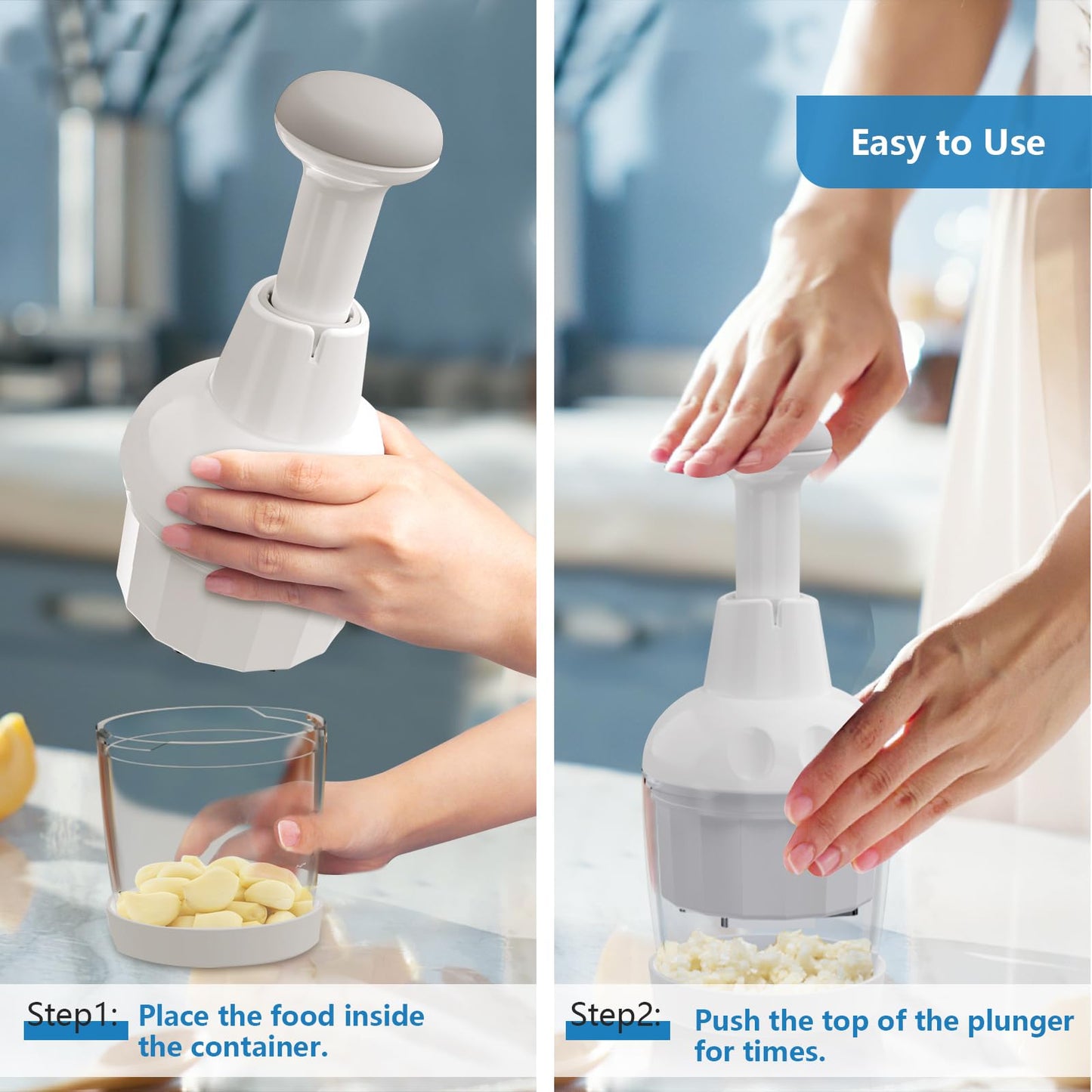 Food Chopper, Handheld Veggie Chopper for Vegetable, Onion, Garlic, Nut, Hand Vegetable Cutter, Dishwasher-safe, Stainless Steel Blade, White.