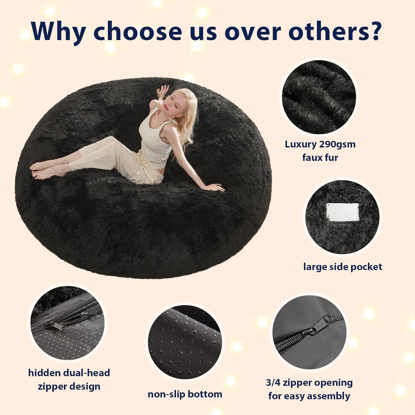 Bean Bag Cover (No Filler), Faux Fur Comfy Bean Bag Covers for Adults, Washable Beanbag Chair Cover, Fluffy Plush Giant Bean Bags Chairs Covers for Teens Kids Girls, Anti-Slip, 5FT, Black