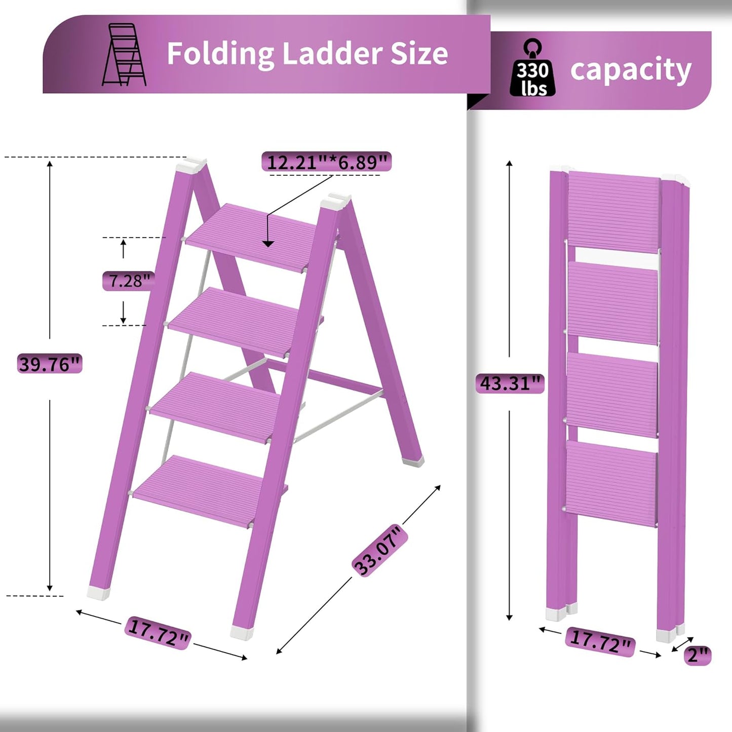 4 Step Lightweight Folding Ladder for Home, 330lbs Aluminum Step Ladder Anti-Slip for Kitchen, Step Stool Foldable Adults for Closet, 330lbs - Light Purple