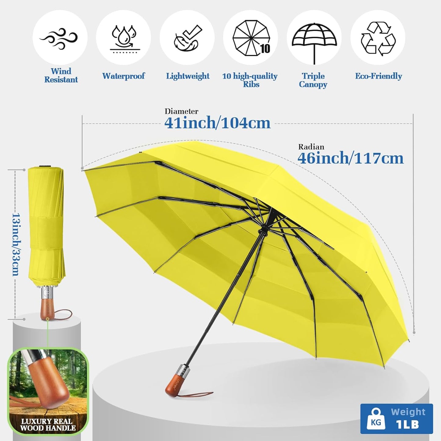 3T Wind Armor Travel Umbrella Compact Easy Auto Open Close Folding Umbrellas for Rain Windproof Umbrella for Women and Men Durable Real Wood Handle Portable Fits Backpack Car
