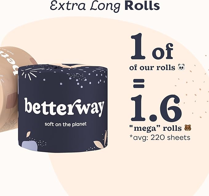 Betterway Bamboo Toilet Paper 3 Ply - Sustainable Toilet Tissue - 12 Double Rolls & 360 Sheets Per Roll - Septic Safe - Organic, Plastic & PFAS Free - FSC Certified