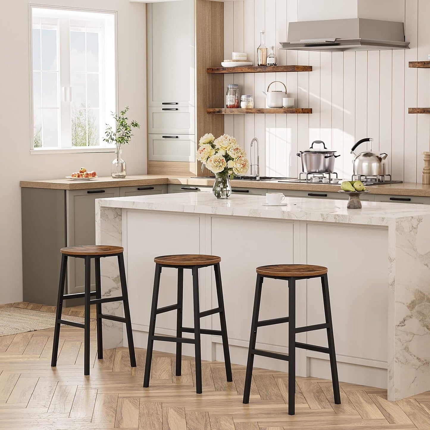 Bar Stools, Set of 2 Round Bar Chairs with Footrest, 24.4 Inch Kitchen Breakfast Bar Stools, Industrial Bar Stools, Easy Assembly, for Dining Room, Kitchen, Rustic Brown BAHR0201Z