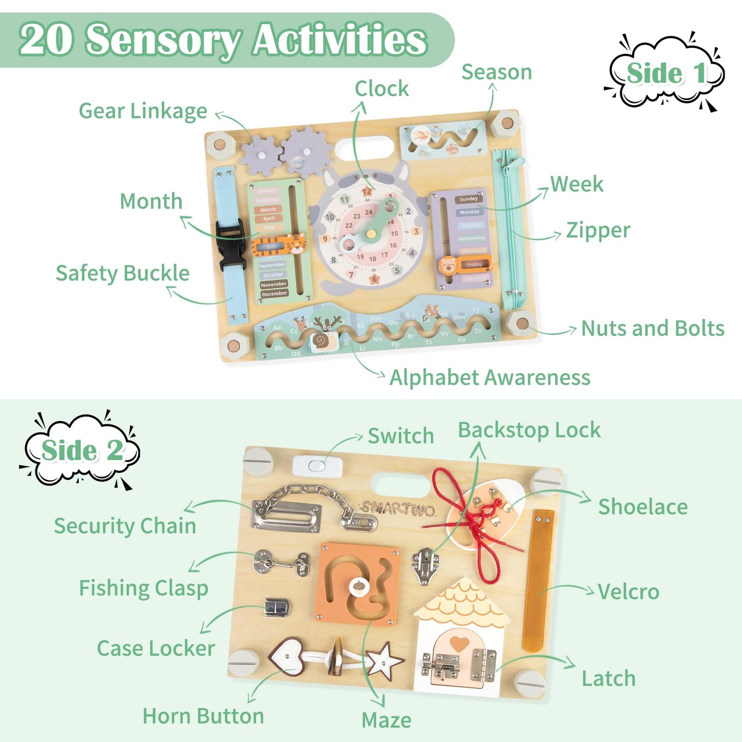 Smartwo Double-Sided Wooden Busy Board for Toddlers, Sensory Activity Board, Montessori Travel Toy for Kids, Educational Toy for Autism, Ideal Choice for Baby Girls or Boys Birthday