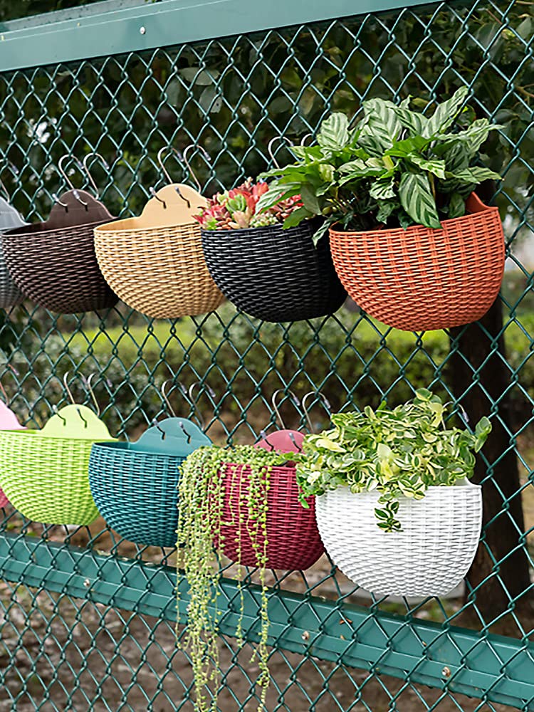 Hanging Planter Pot, Wall and Railing Hanging Planters with S Hooks, Half Round Imitation Rattan European Style Wall Flowerpot Rustic Decorative Flower Basket for Home Balcony(#26*20.5cm Dark green)