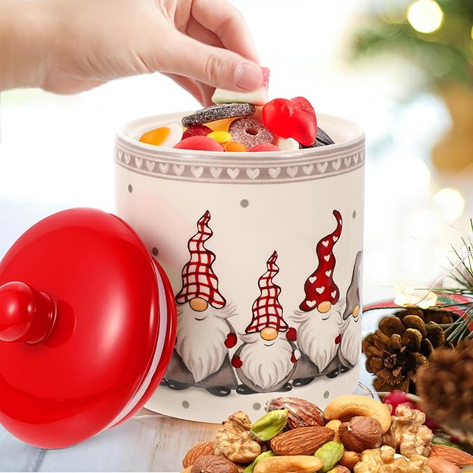 Angoily Cookie Jar, Christmas Gnome Candy Jar with Lids, Ceramic Treat Container Tea Can for Holiday Christmas Decoration Living Room Centerpieces