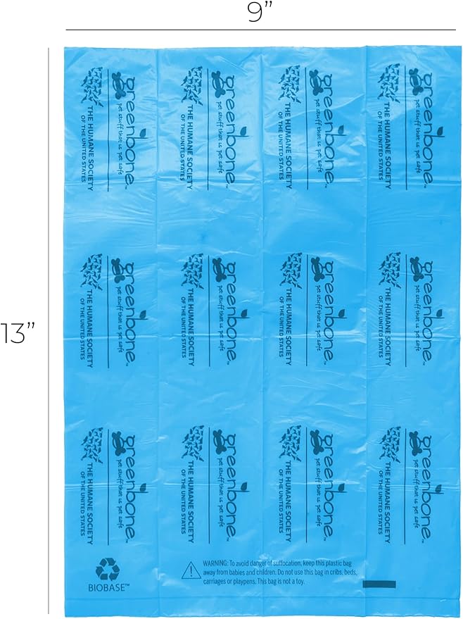 The Humane Society by Greenbone Biobase Pet Poop Bags - 12 Rolls - 144 Refills - Leak Proof 13 inch x 9 inch