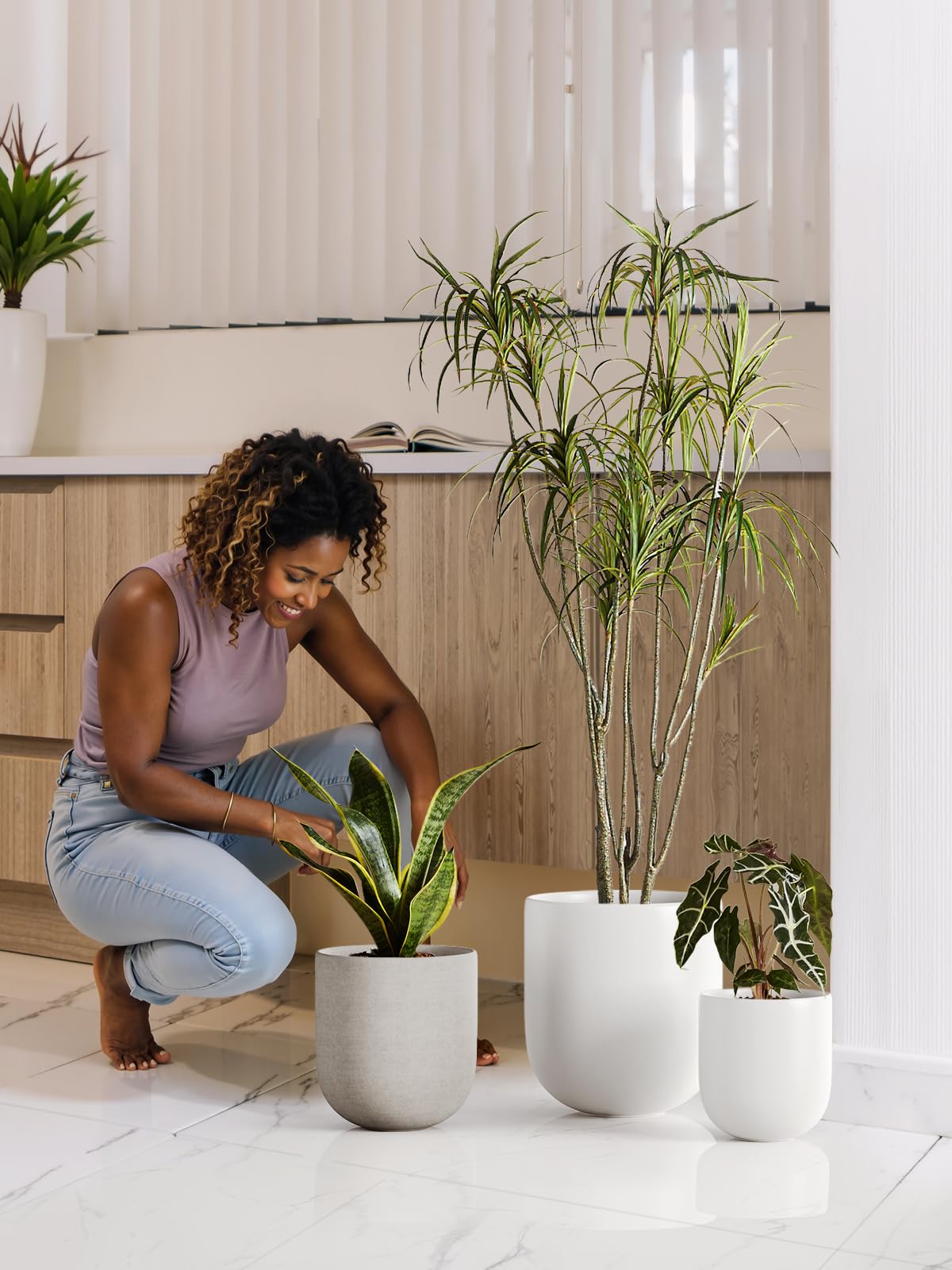 LE TAUCI 6+8+10 Inch Plant Pots Indoor, Ceramic Planters for Indoor Plants, Cylinder Pots with Drainage Hole and Plug, Planter Pots for Home Office Room Patio, Set of 3, Neutral Gray
