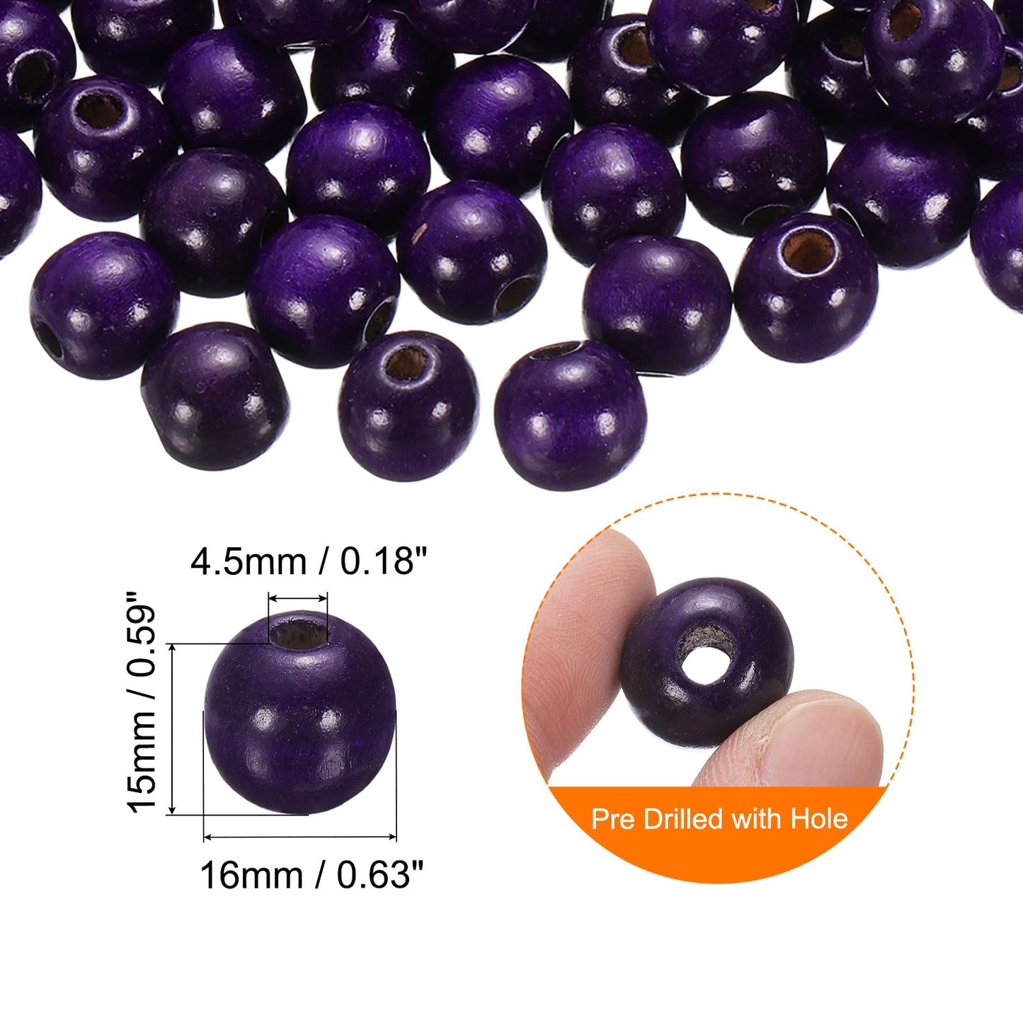 uxcell 200 Pcs Large Hole Wooden Beads, 15 x 16mm Unfinished Natural Round Wood Spacer Beads Hair Braid Barrel Bead for DIY Crafts Hair Macrame Jewelry Making, Purple