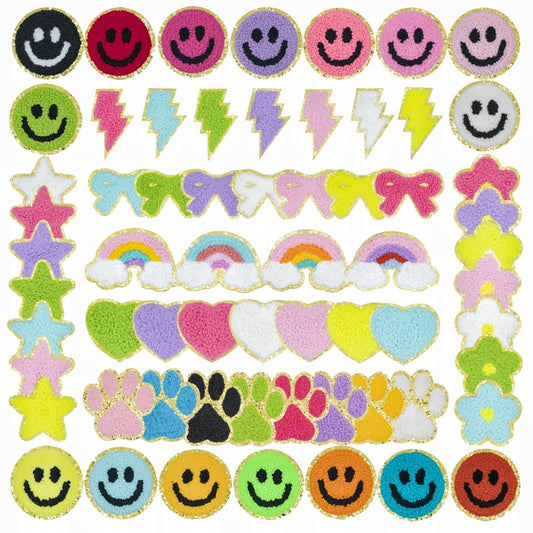 63 Pcs Chenille Iron on Patch for Girls,Cute Rainbow Heart Star Flower Paw Applique Patches with Gold Glitter Border,DIY Decoration Repair Kit for Jeans,Clothes,T-Shirt,Backpacks,Vest,Dress
